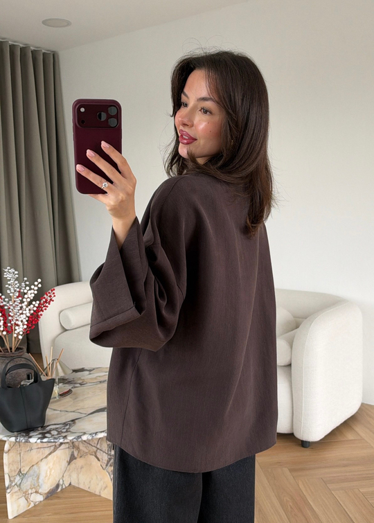 Geniş Yakalı Düğmeli Tensel Gömlek ACI KAHVE