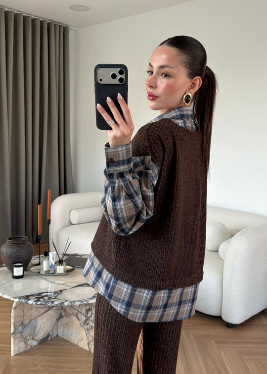 Gömlek Detaylı Örme Takım RENKLİ