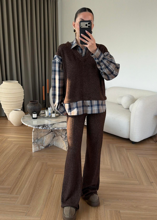 Gömlek Detaylı Örme Takım RENKLİ