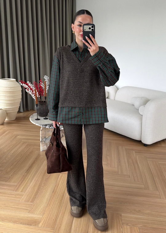 Gömlek Detaylı Örme Takım YEŞİL