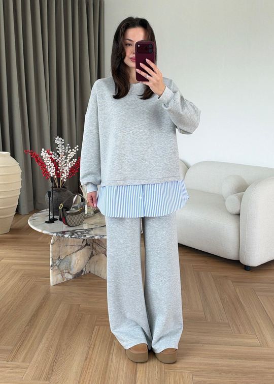 Gömlek Detaylı Sweatshirt Takım GRİ