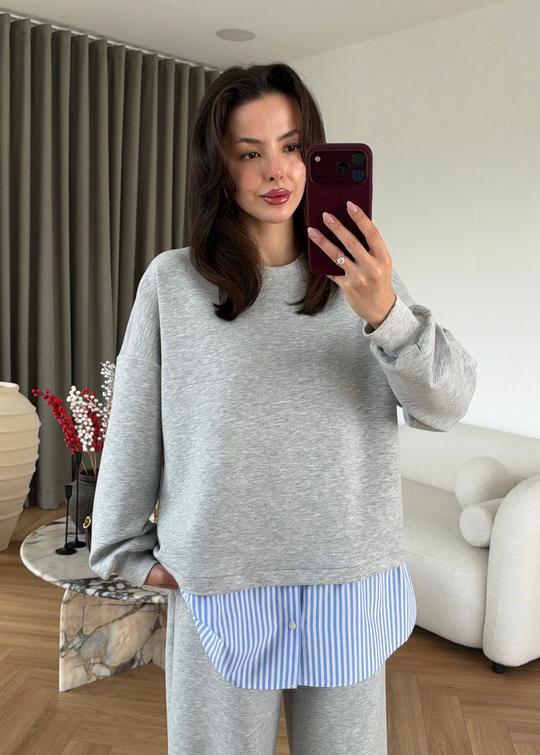 Gömlek Detaylı Sweatshirt Takım GRİ