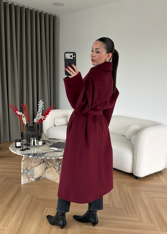 Gömlek Yakalı Kuşaklı Kaban BORDO