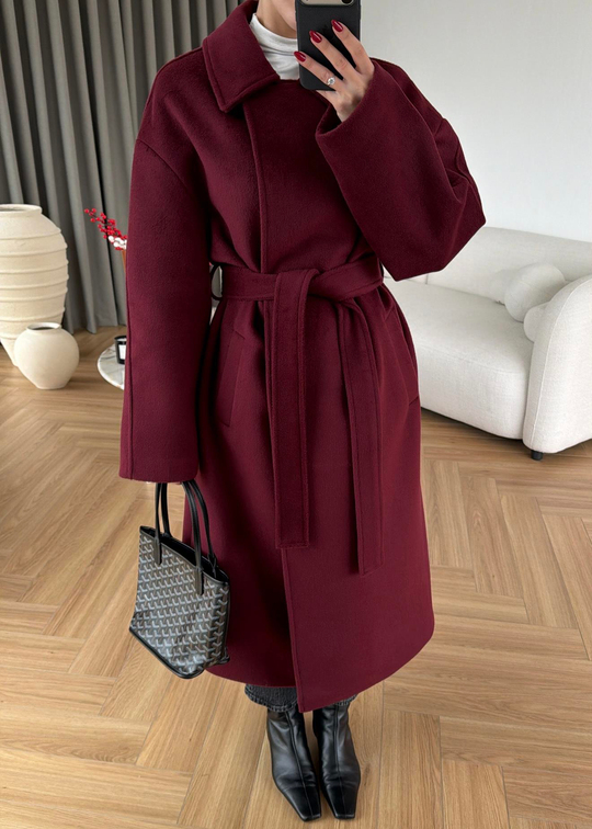 Gömlek Yakalı Kuşaklı Kaban BORDO