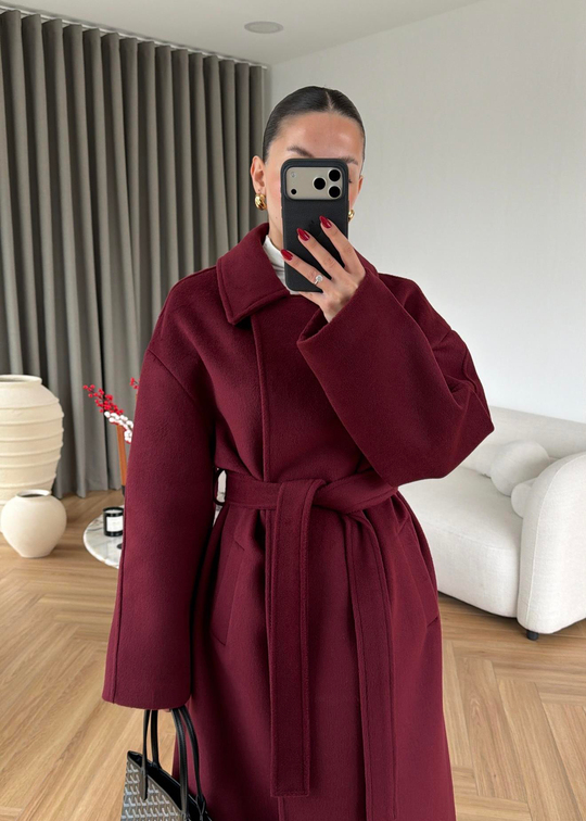 Gömlek Yakalı Kuşaklı Kaban BORDO