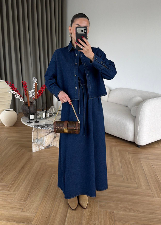 Gömlekli Kolsuz Elbiseli Denim Takım LACİVERT