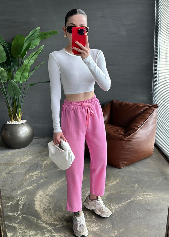 Grogren Beli İpli Pantolon PEMBE