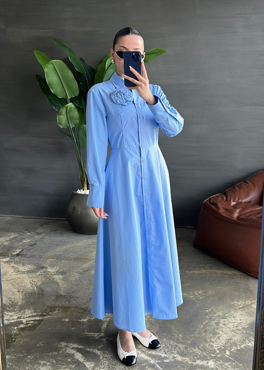 Gül Broşlu Elbise MAVİ