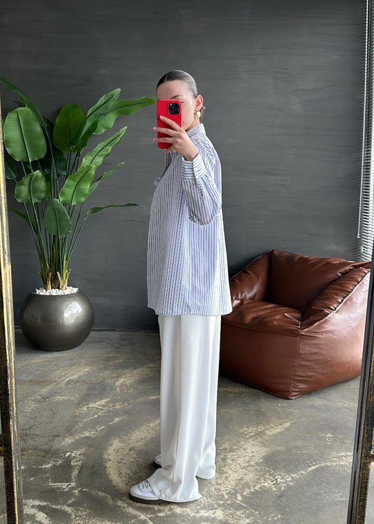 Gül Detaylı Çizgili Poplin Gömlek BEYAZ