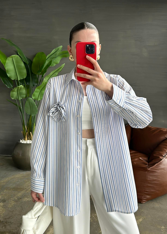 Gül Detaylı Çizgili Poplin Gömlek BEYAZ