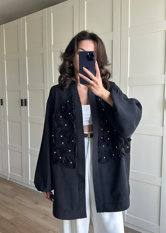 Gül Detaylı Premium Kimono SİYAH