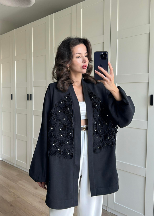 Gül Detaylı Premium Kimono SİYAH