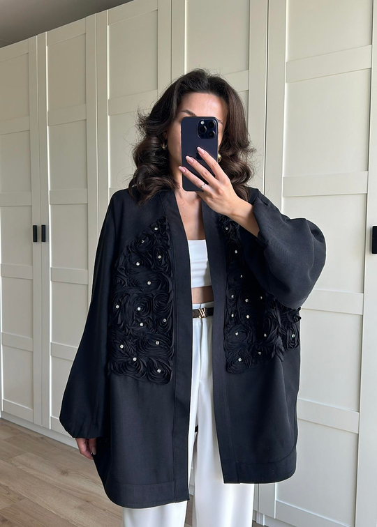 Gül Detaylı Premium Kimono SİYAH