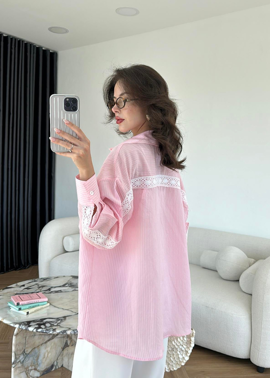 Güpürlü Çizgili Gömlek PEMBE