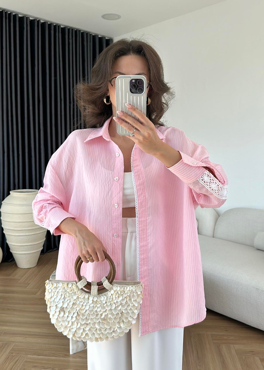 Güpürlü Çizgili Gömlek PEMBE