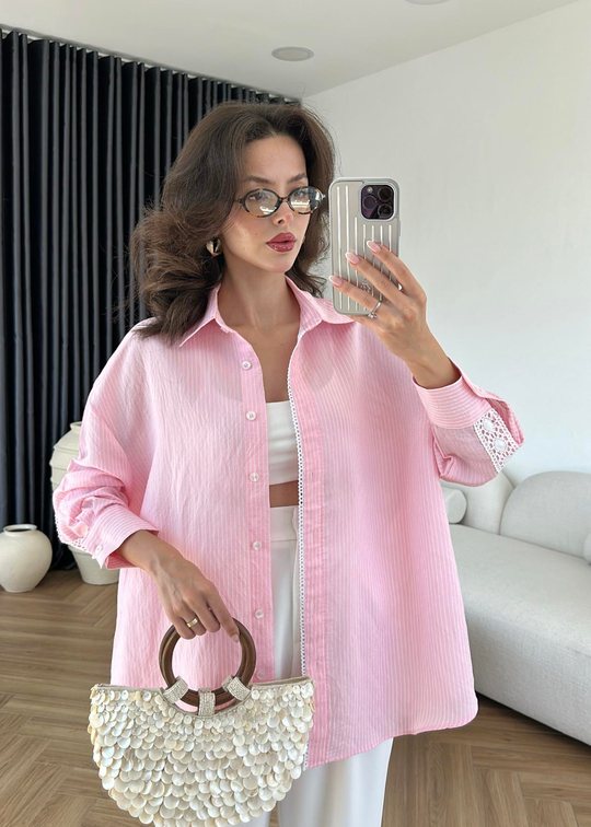 Güpürlü Çizgili Gömlek PEMBE