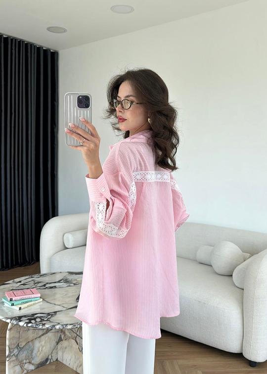 Güpürlü Çizgili Gömlek PEMBE