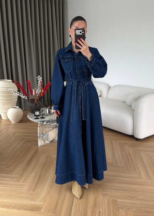 Henry Kontrast Dikişli Denim Elbise LACİVERT