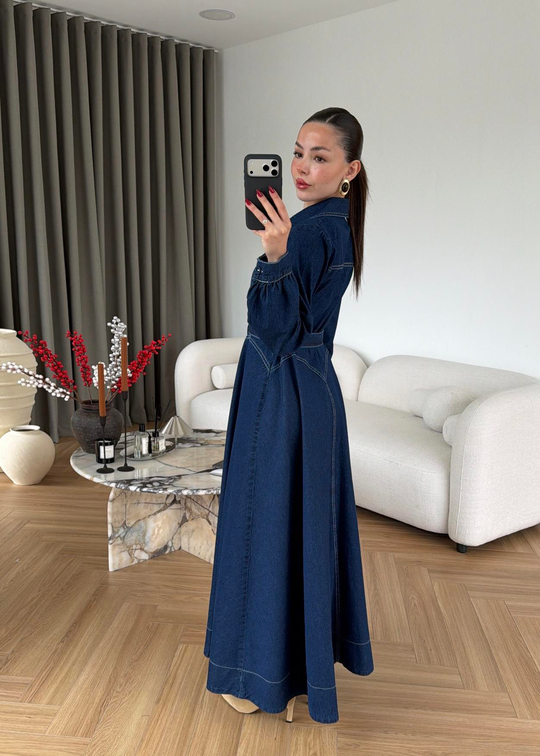 Henry Kontrast Dikişli Denim Elbise LACİVERT