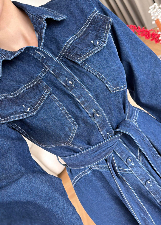 Henry Kontrast Dikişli Denim Elbise LACİVERT