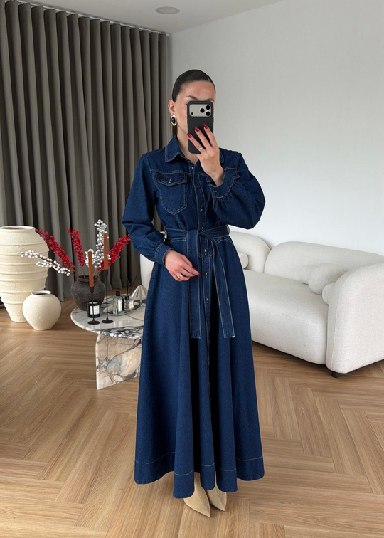 Henry Kontrast Dikişli Denim Elbise LACİVERT