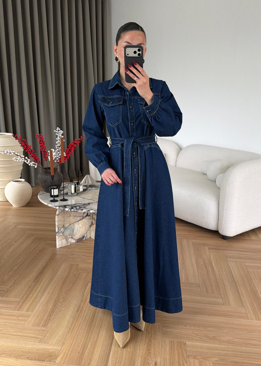 Henry Kontrast Dikişli Denim Elbise LACİVERT