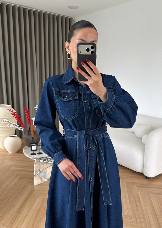 Henry Kontrast Dikişli Denim Elbise LACİVERT
