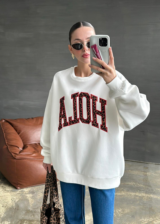Hola Nakışlı Sweatshirt BEYAZ
