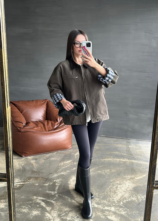 İçi Ekoseli Gabardin Ceket HAKİ