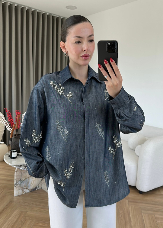 İnci Çakımlı Denim Tensel Gömlek LACİVERT