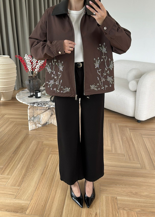İşlemeli Deri Yakalı Parka Ceket ACI KAHVE