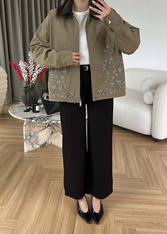 İşlemeli Deri Yakalı Parka Ceket HAKİ