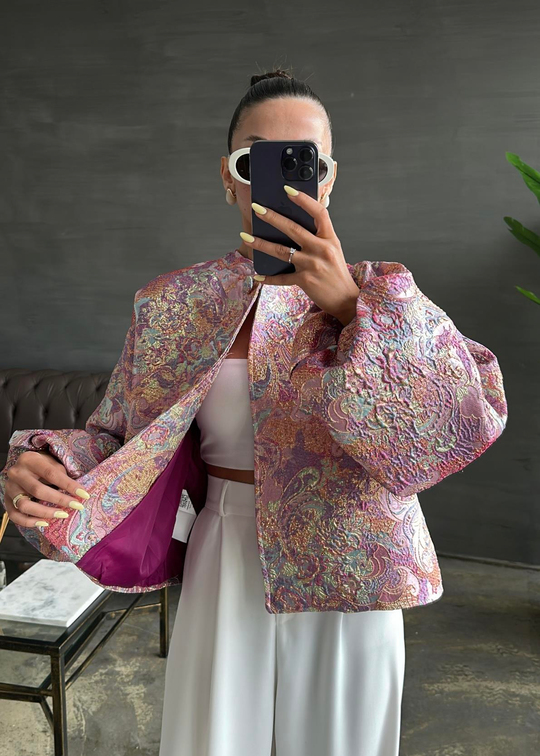 Jakarlı Balon Kol Ceket PEMBE