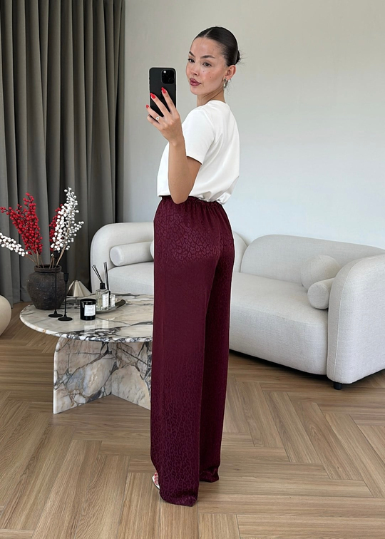 Jakarlı Leopar Desenli Pantolon BORDO