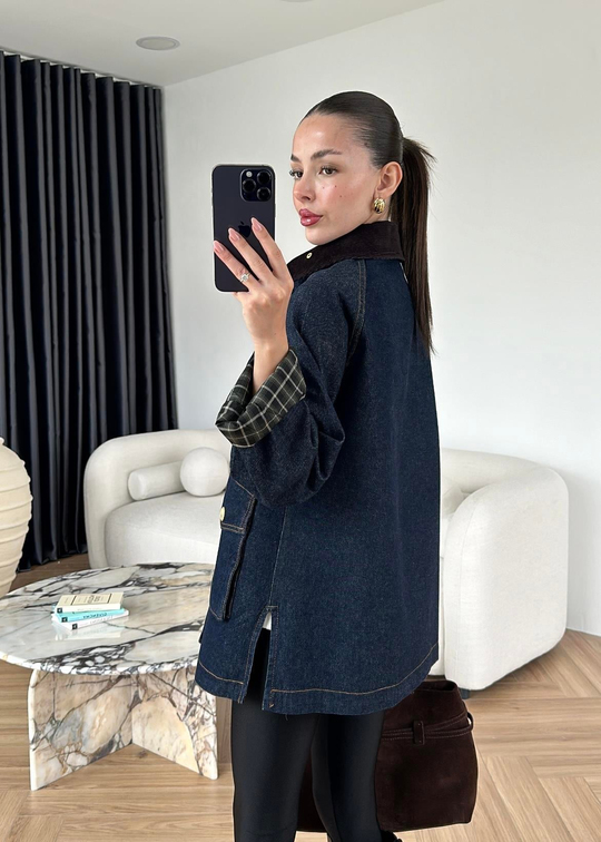 Kadife Yakalı Ekoseli Denim Ceket LACİVERT