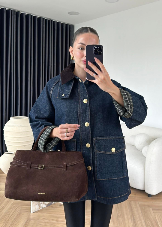 Kadife Yakalı Ekoseli Denim Ceket LACİVERT