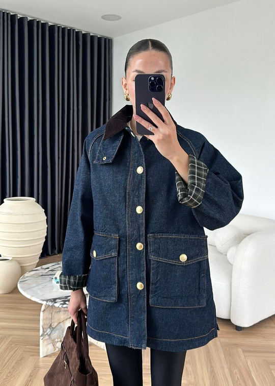 Kadife Yakalı Ekoseli Denim Ceket LACİVERT