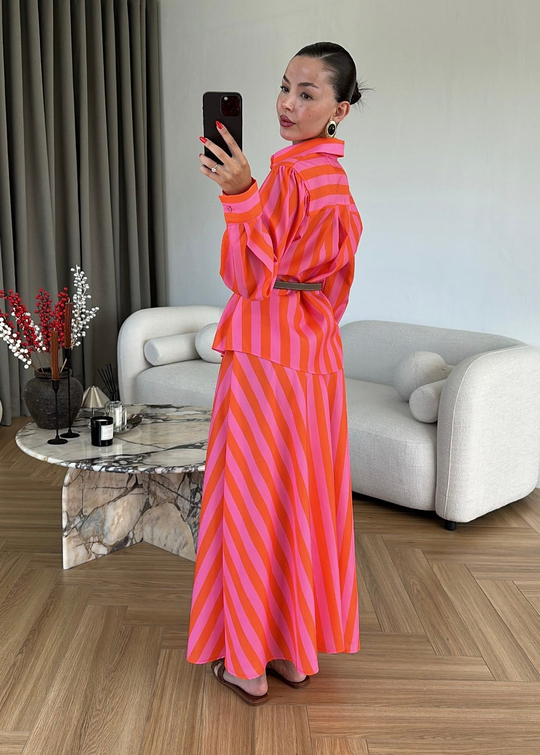 Kalın Çizgili Etekli Takım PEMBE