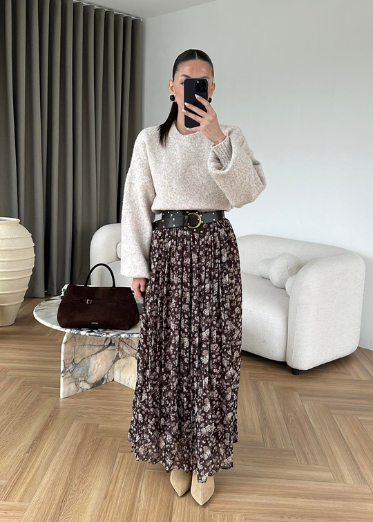 Kalın Kemerli Çiçekli Etek KAHVE