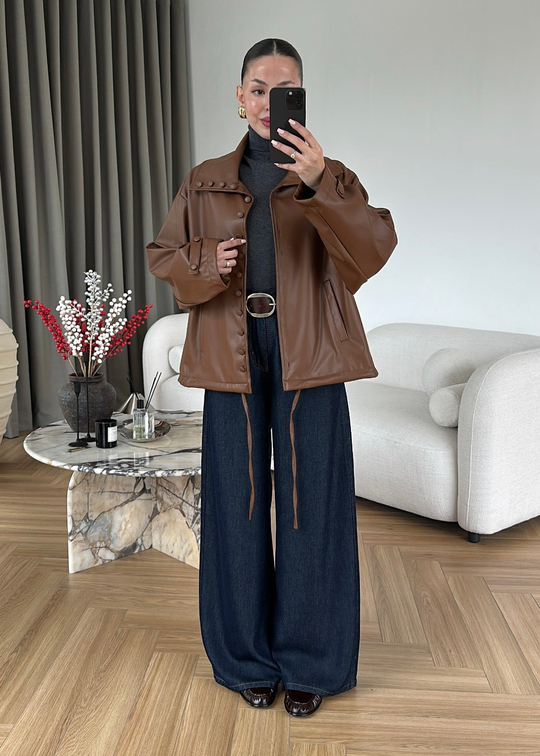 Kaplama Düğmeli Deri Ceket TABA