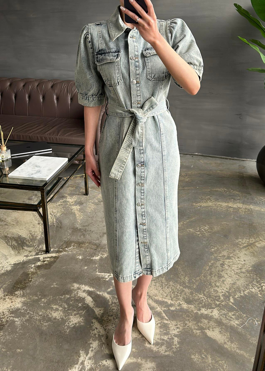 Karpuz Kol Denim Elbise MAVİ