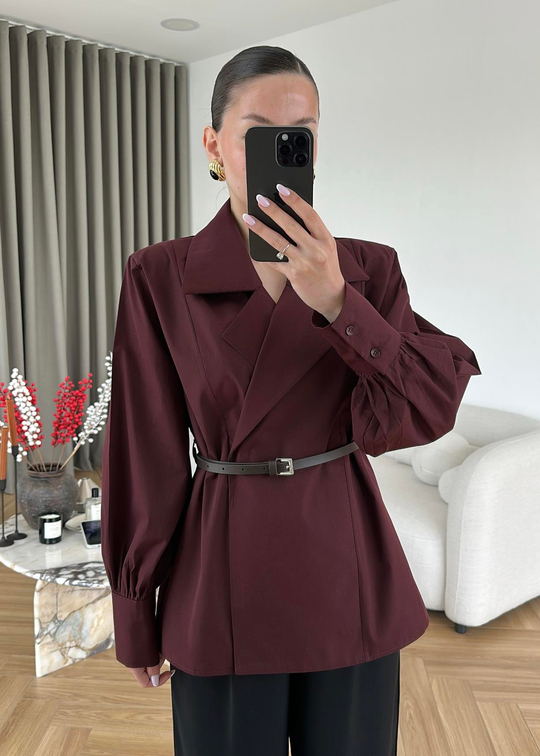 Kemerli Balon Kol Poplin Gömlek BORDO