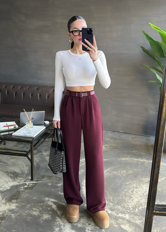 Kemerli Likralı Pantolon BORDO