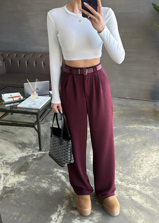 Kemerli Likralı Pantolon BORDO