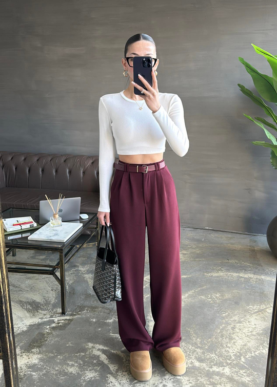 Kemerli Likralı Pantolon BORDO
