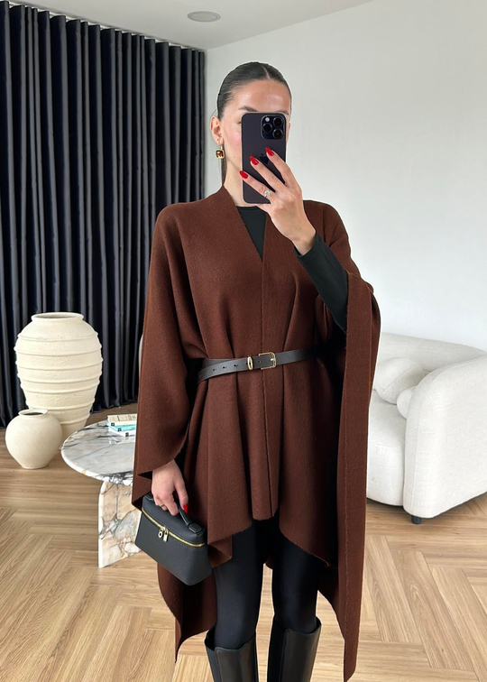 Kemerli Şardonlu Triko Hırka ACI KAHVE