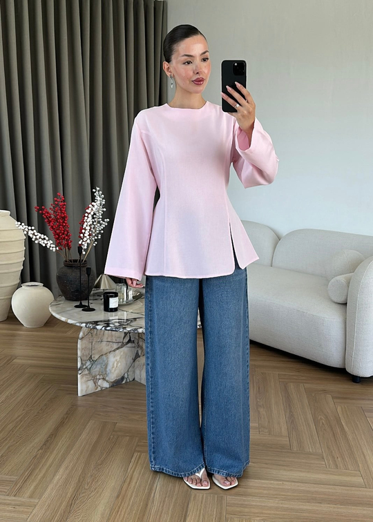 Keten Yırtmaçlı Bluz PEMBE