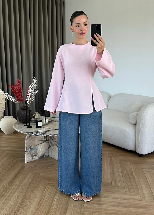 Keten Yırtmaçlı Bluz PEMBE
