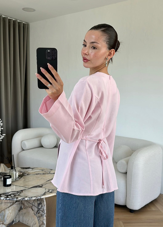 Keten Yırtmaçlı Bluz PEMBE