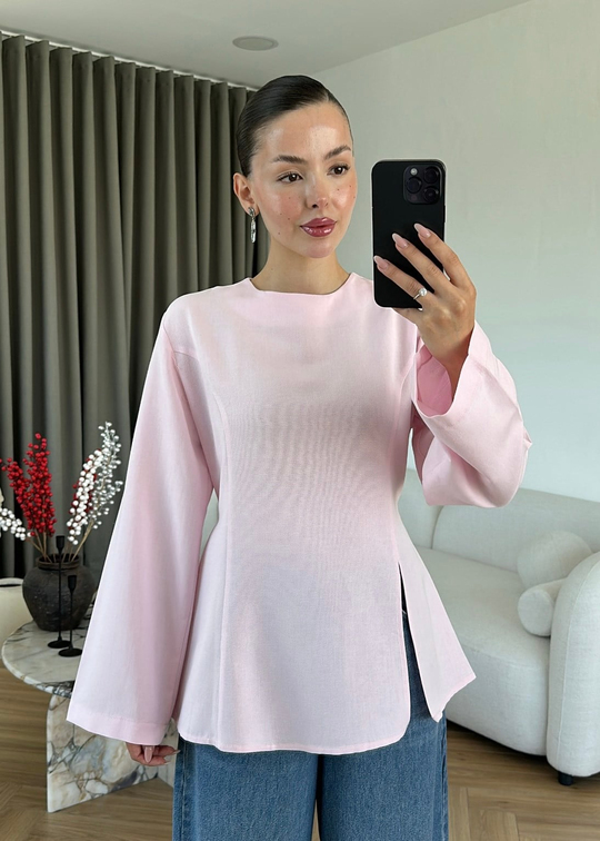 Keten Yırtmaçlı Bluz PEMBE